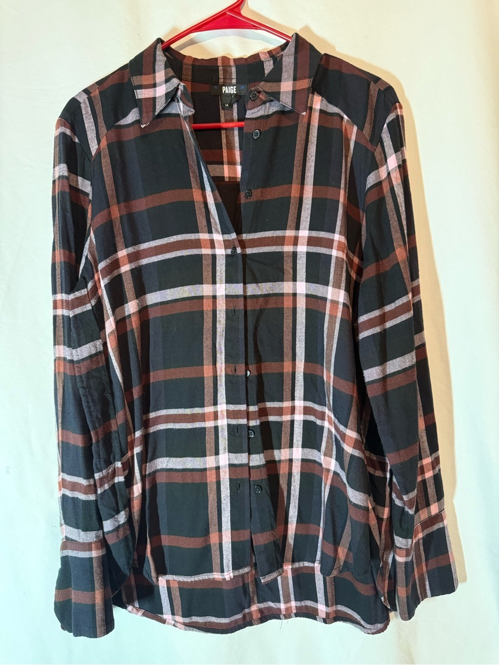 PAIGE Davlyn Plaid Button Down Shirt Women’s M Navy Tinted Taupe Cotton Rayon